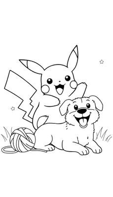 Page à colorier représentant Pikachu et un chien heureux. Pikachu est derrière le chien qui est allongé, avec une pelote de laine au premier plan.