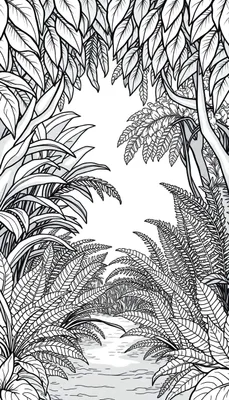 Illustration en noir et blanc d'une scène de jungle dense avec des feuilles larges, des fougères détaillées et un chemin central.