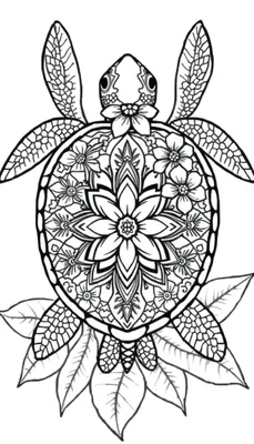 Dessin en noir et blanc d'une tortue marine ornée de motifs floraux et géométriques rappelant un mandala, vue de dessus, avec ses nageoires déployées reposant sur des feuilles stylisées.