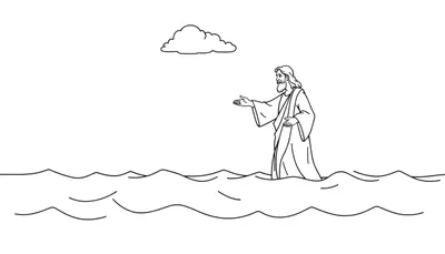 Dessin au trait noir et blanc d'une page à colorier montrant Jésus marchant sur l'eau, tendant la main avec un nuage en arrière-plan.