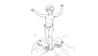 Dessin au trait pour page à colorier d'un jeune garçon éthéré debout sur des nuages fleuris, bras en croix, expression sereine.