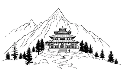 Page à colorier d'un paysage montagneux avec un temple himalayen, des arbres, un chemin et deux personnages.