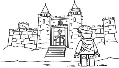 Page à colorier d'un personnage LEGO avec une capuche tenant une épée devant un grand château médiéval avec des tours pointues et une double porte.