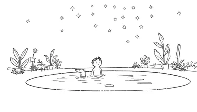 Page à colorier en noir et blanc: Un jeune garçon souriant nage dans un bassin au crépuscule avec un canard, entouré de plantes et d'étoiles.