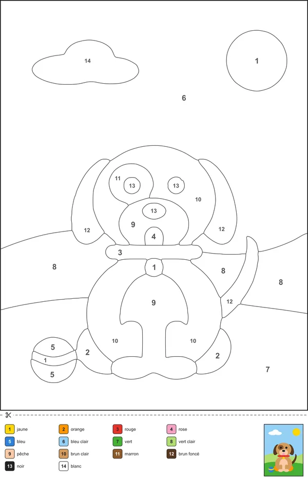 Exemple de coloriage magique : un chiot avec des zones numérotées et une légende des couleurs