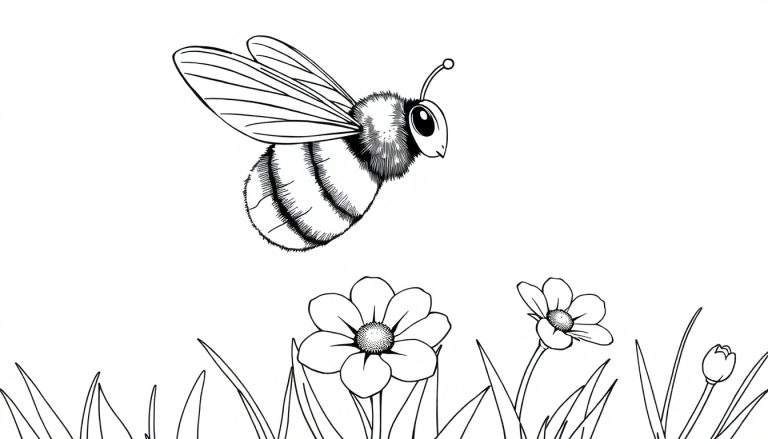 Un dessin au trait d'une abeille dans un color panel avec un champ de fleurs.