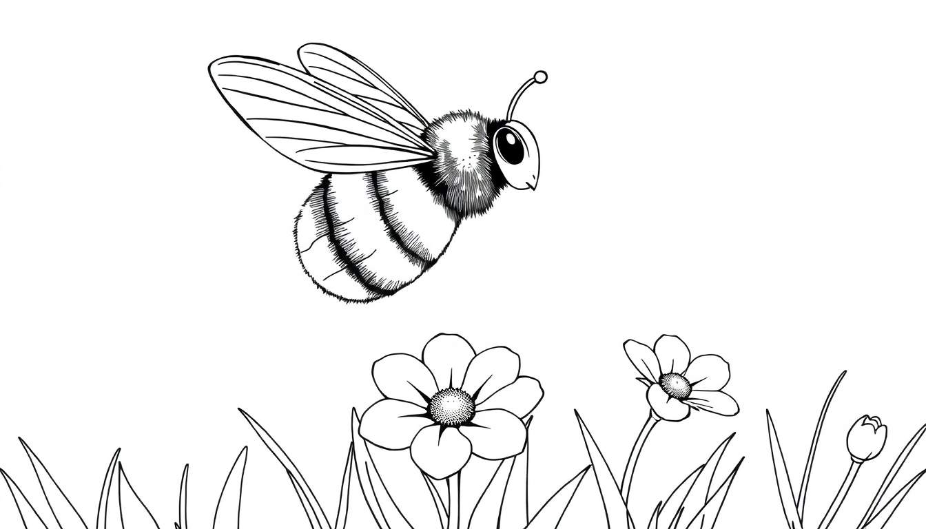 Un dessin au trait d'une abeille dans un color panel avec un champ de fleurs.