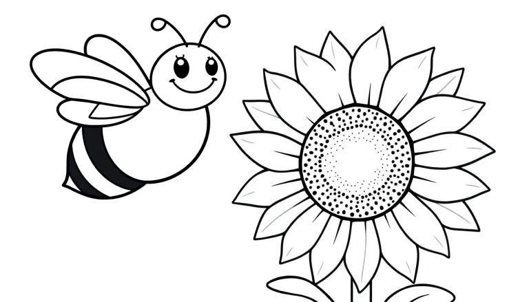 Page à colorier en noir et blanc d'une abeille joyeuse volant vers un grand tournesol.