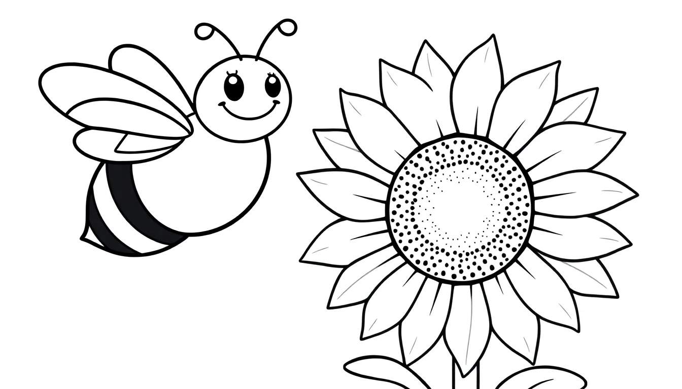 Page à colorier en noir et blanc d'une abeille joyeuse volant vers un grand tournesol.