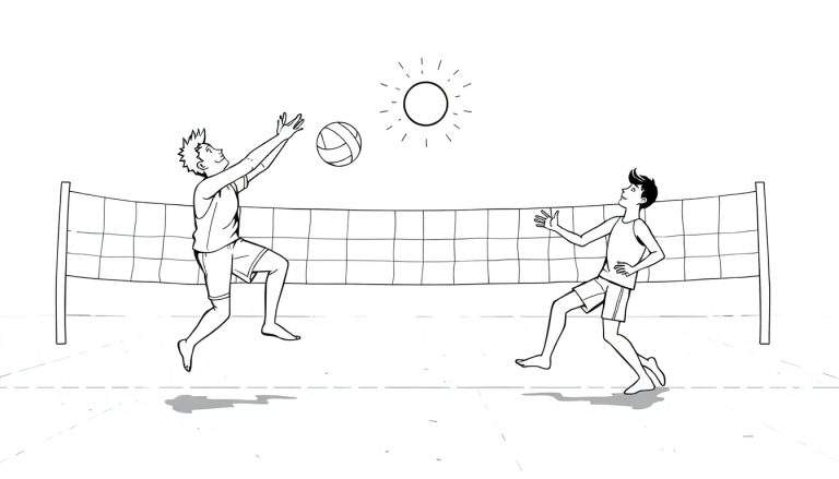 Deux hommes jouant au beach-volley sous le soleil, un joueur sautant pour frapper le ballon au-dessus du filet, l'autre prêt à le bloquer. Un coloriage amusant sur ce color panel.
