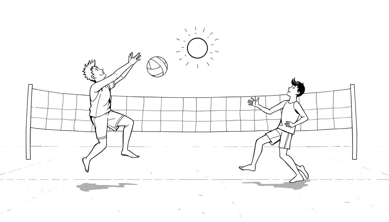 Deux hommes jouant au beach-volley sous le soleil, un joueur sautant pour frapper le ballon au-dessus du filet, l'autre prêt à le bloquer. Un coloriage amusant sur ce color panel.
