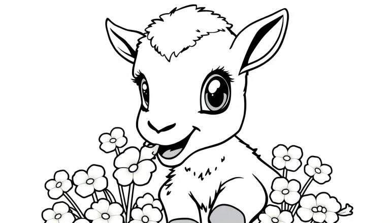 Color panel of a cute baby goat in flowers.