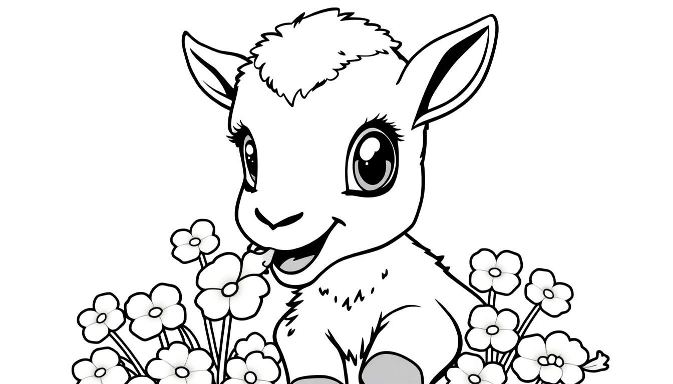 Color panel of a cute baby goat in flowers.