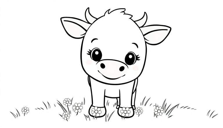 Un veau de dessin animé noir et blanc dans un champ de fleurs, page de coloriage pour enfants, animal de ferme heureux, lignes simples, contours clairs dans le color panel.