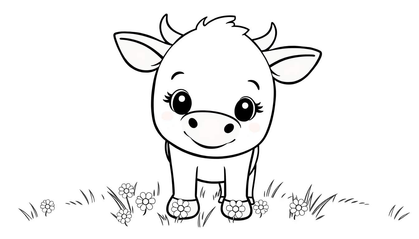 Un veau de dessin animé noir et blanc dans un champ de fleurs, page de coloriage pour enfants, animal de ferme heureux, lignes simples, contours clairs dans le color panel.