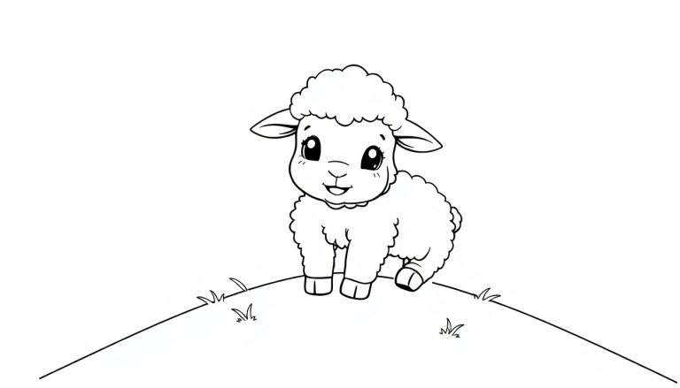 Dessin au trait mignon d'un agneau sur une colline, prêt à être colorié dans un color panel.