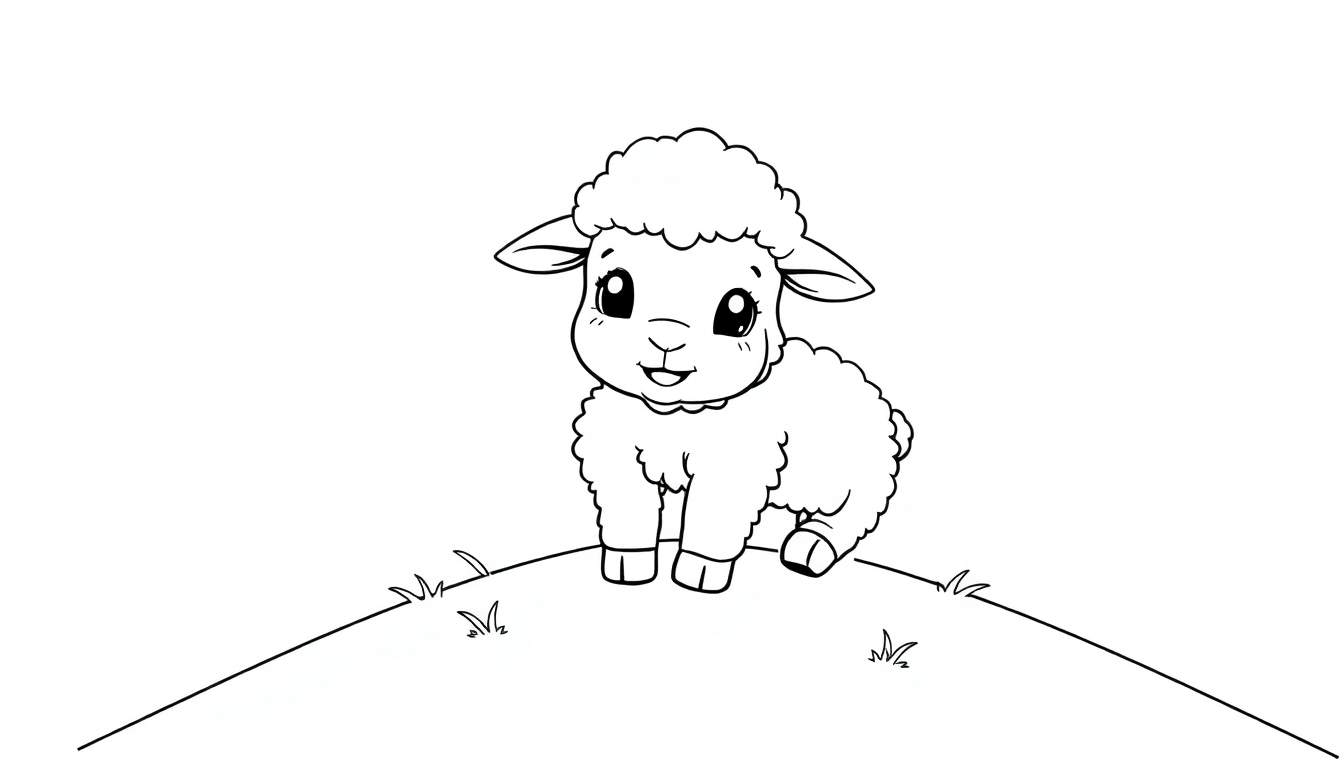 Dessin au trait mignon d'un agneau sur une colline, prêt à être colorié dans un color panel.