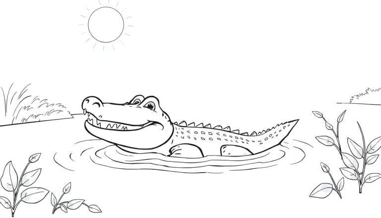 Dessin au trait d'un alligator souriant dans l'eau, avec le soleil et de la végétation en arrière-plan, parfait pour un color panel.