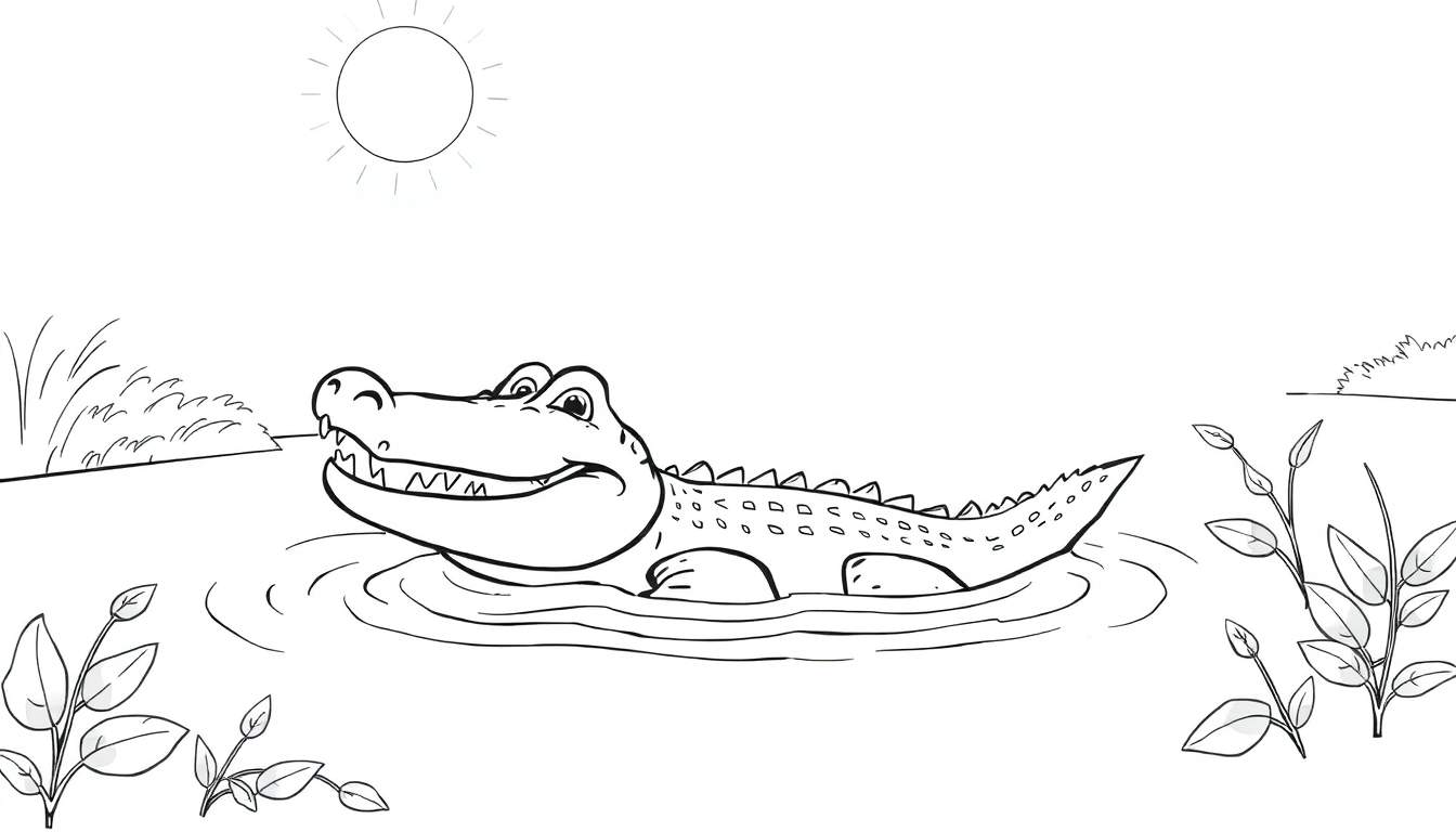 Dessin au trait d'un alligator souriant dans l'eau, avec le soleil et de la végétation en arrière-plan, parfait pour un color panel.