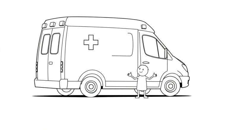 Dessin au trait noir et blanc d'une ambulance avec une croix médicale et une figure de bâton levant les mains.