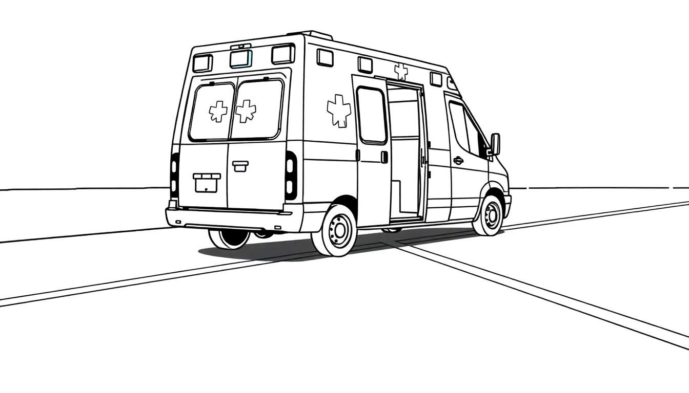 Dessin au trait noir et blanc d'une ambulance avec la porte latérale ouverte, prête à être coloriée.