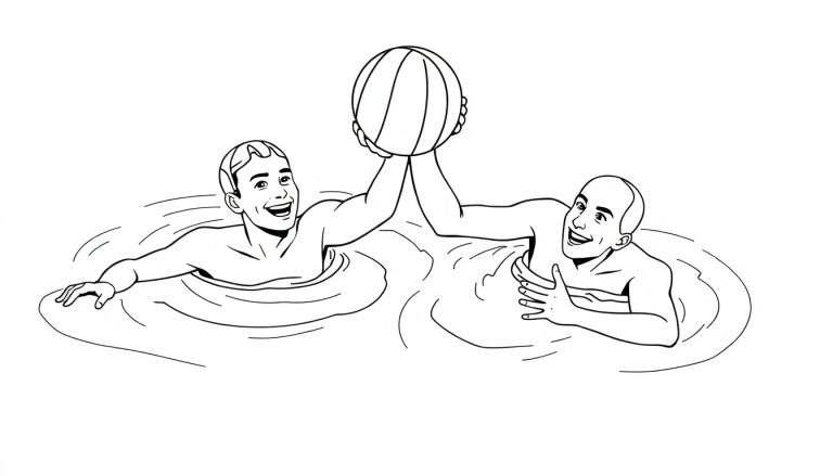 Dessin en noir et blanc de deux hommes jouant au water-polo dans l'eau, avec un color panel.