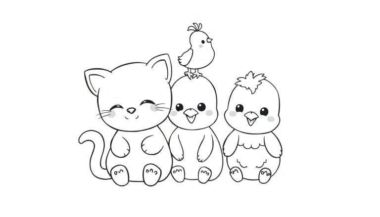Un chaton, un poussin et un autre oiseau dans un dessin au trait pour colorier.