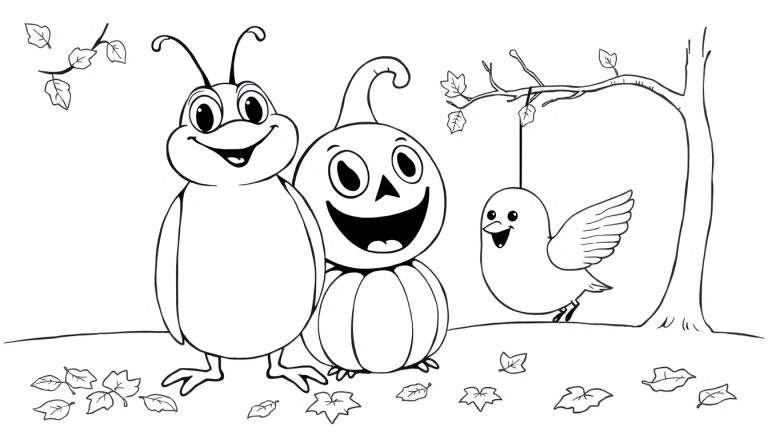 Illustration en noir et blanc d'une scène d'automne avec un insecte, une citrouille et un oiseau sur un fond d'arbre et de feuilles.
