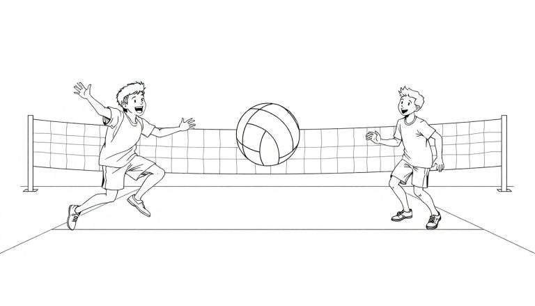 Deux garçons jouant au volley-ball, l'un saute pour frapper la balle et l'autre se prépare à la recevoir, sur un terrain de volley-ball. Un color panel.
