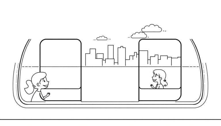 Deux fillettes dans un véhicule futuriste se faisant signe par-dessus une vue de la ville. Un color panel représente l'horizon urbain.