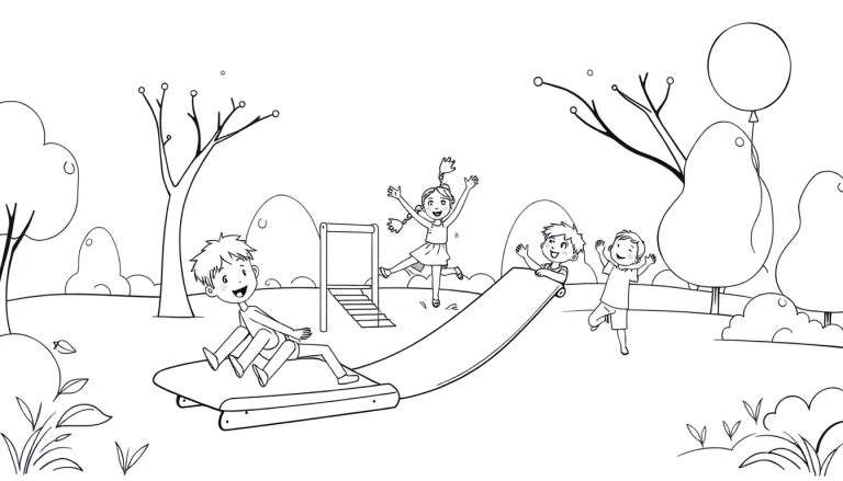 Une page de coloriage en noir et blanc avec des enfants jouant dans un parc, avec un toboggan, une balançoire et un ballon, comme un color panel.