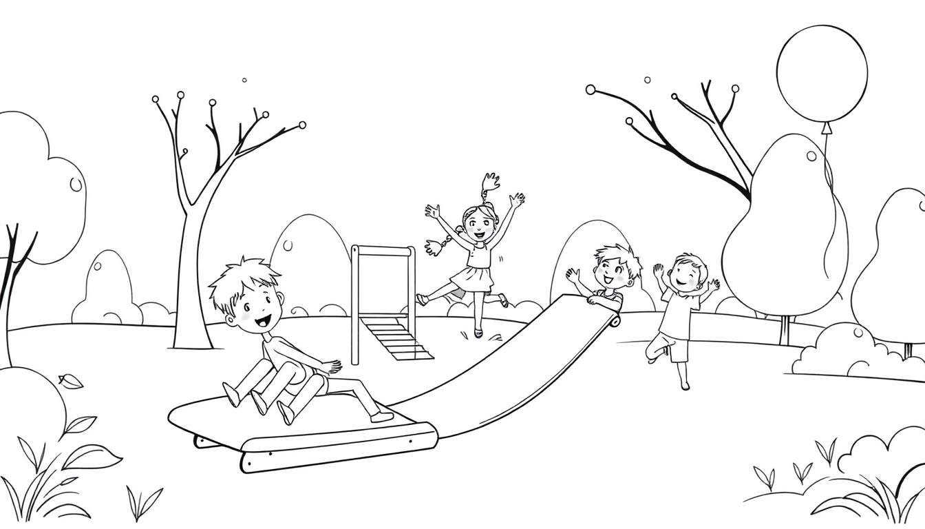 Une page de coloriage en noir et blanc avec des enfants jouant dans un parc, avec un toboggan, une balançoire et un ballon, comme un color panel.
