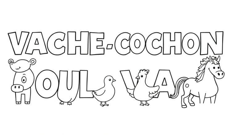 Dessin amusant de lettres associées à des animaux de la ferme pour apprendre à écrire, avec un color panel.