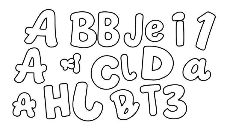 Un panneau de coloriage avec des lettres et des chiffres dans un style bulle.