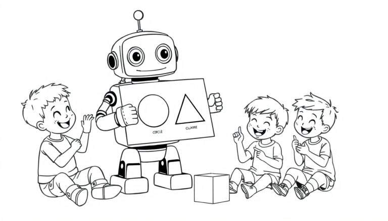 Un robot amical enseigne les formes géométriques, le cercle et le carré, à trois enfants joyeux sur un color panel.