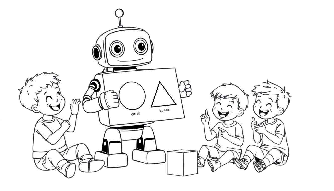 Un robot amical enseigne les formes géométriques, le cercle et le carré, à trois enfants joyeux sur un color panel.