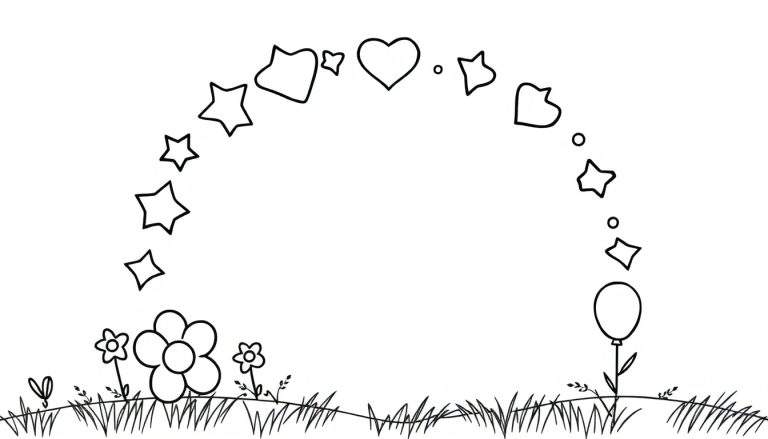 Un arc-en-ciel dessiné avec des étoiles, des cœurs et des cercles, au-dessus d'un jardin avec des fleurs et un ballon.