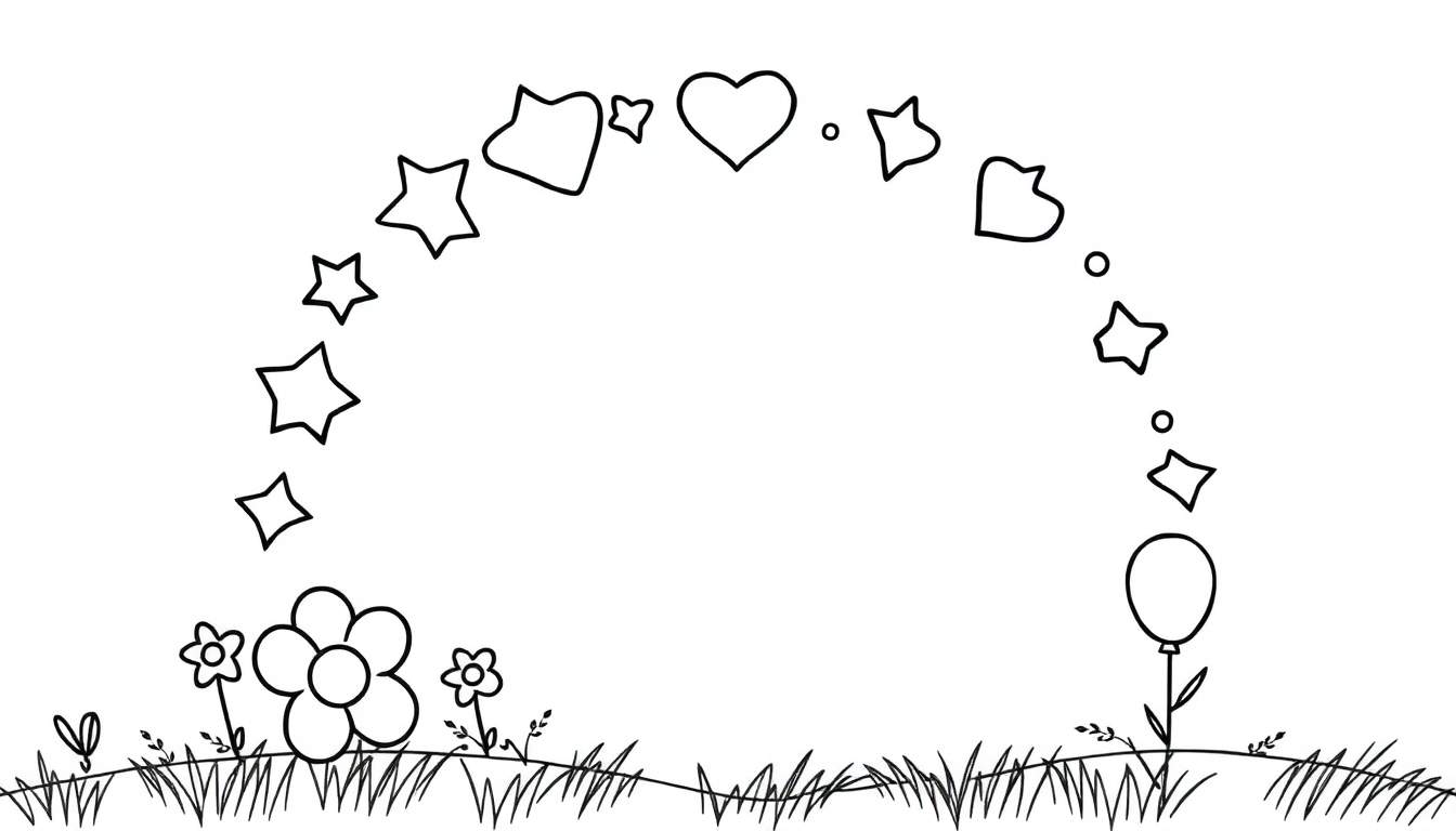Un arc-en-ciel dessiné avec des étoiles, des cœurs et des cercles, au-dessus d'un jardin avec des fleurs et un ballon.