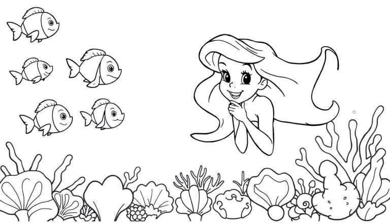 Dessin au trait d'Ariel, la petite sirène, avec des poissons et des coraux, sur un color panel sous-marin.