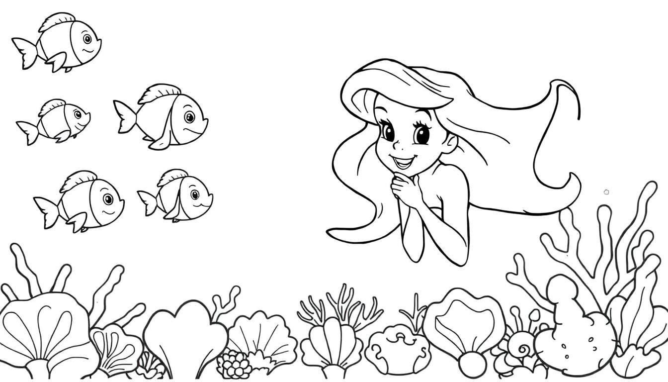 Dessin au trait d'Ariel, la petite sirène, avec des poissons et des coraux, sur un color panel sous-marin.