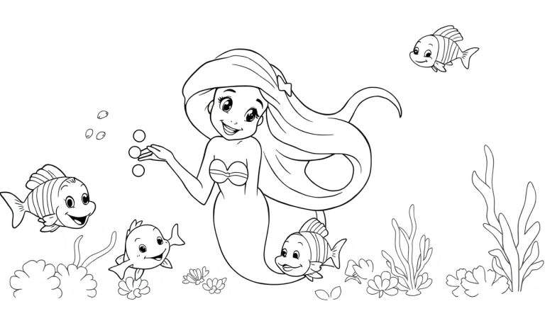 Dessin au trait d'Ariel, la petite sirène, souriant avec des poissons et des plantes marines. Un color panel du monde sous-marin.