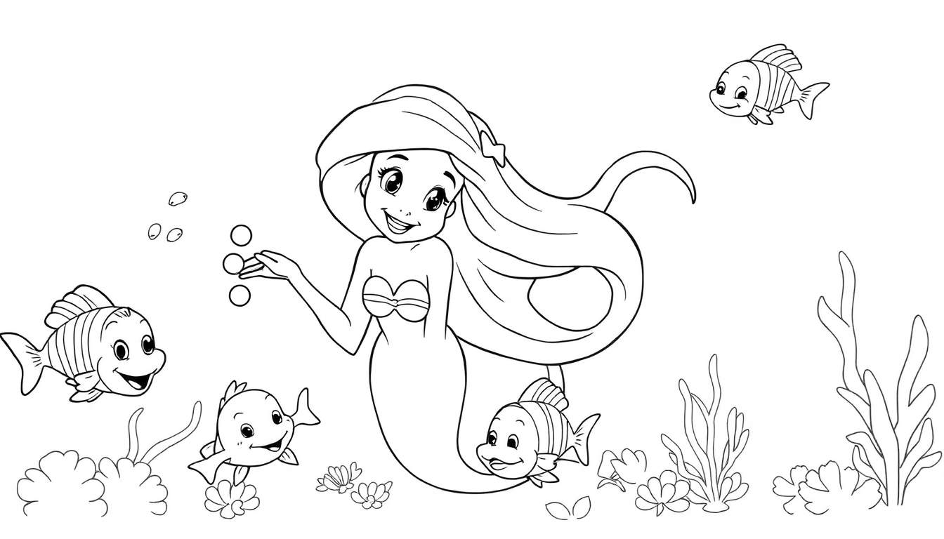Dessin au trait d'Ariel, la petite sirène, souriant avec des poissons et des plantes marines. Un color panel du monde sous-marin.