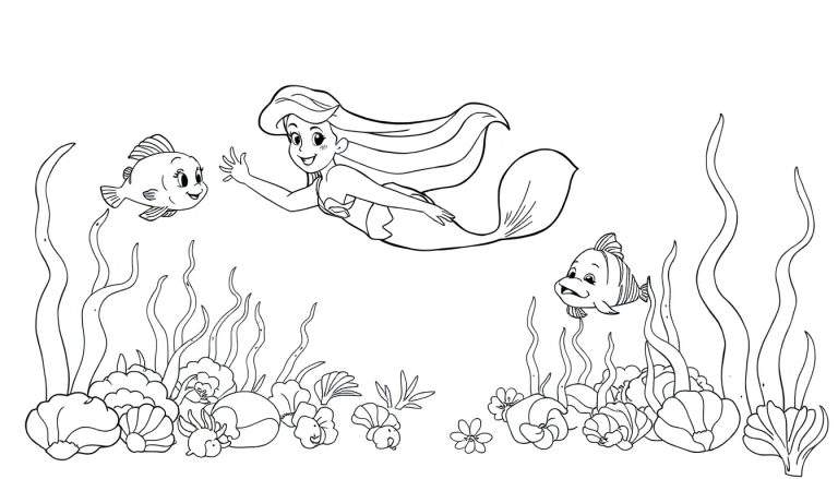 Dessin au trait d'Ariel, la petite sirène, nageant avec deux poissons dans l'océan, entourée d'algues et de coraux, pour un color panel.