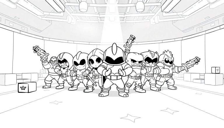 Des super-héros de dessin animé dans une arène futuriste, prêts à l'action.