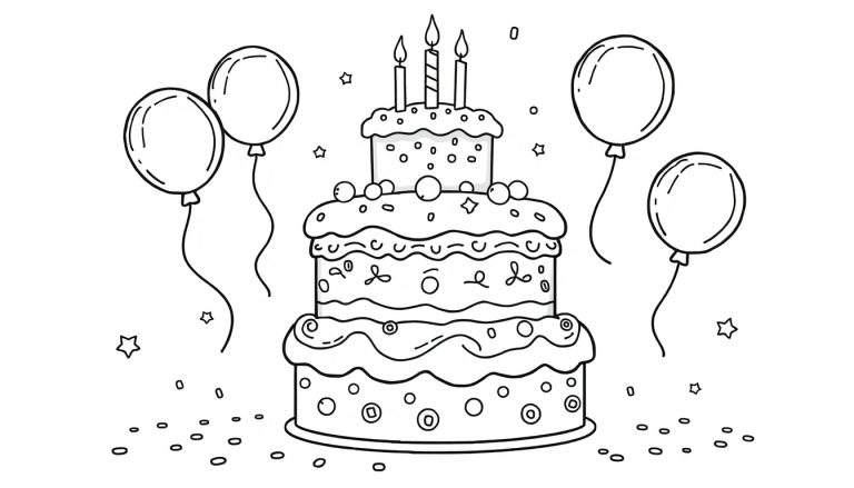 Une assiette couleur de dessin animé d'un gâteau d'anniversaire à trois niveaux avec trois bougies allumées, entouré de ballons et de confettis.