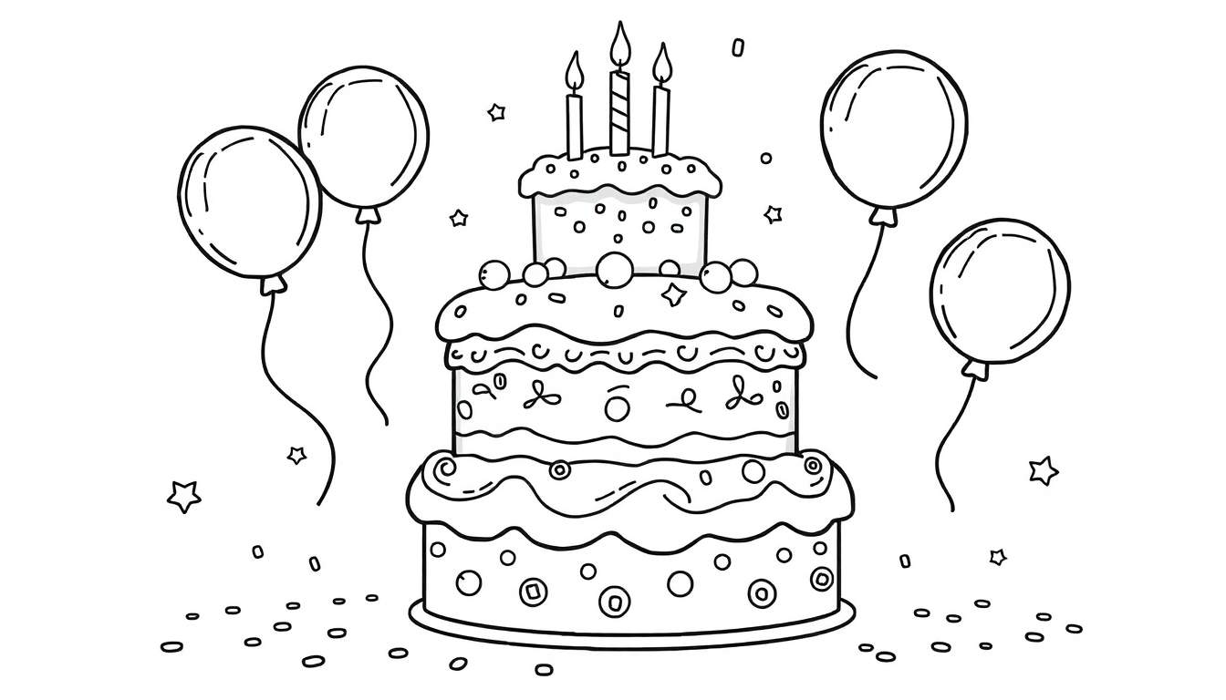 Une assiette couleur de dessin animé d'un gâteau d'anniversaire à trois niveaux avec trois bougies allumées, entouré de ballons et de confettis.