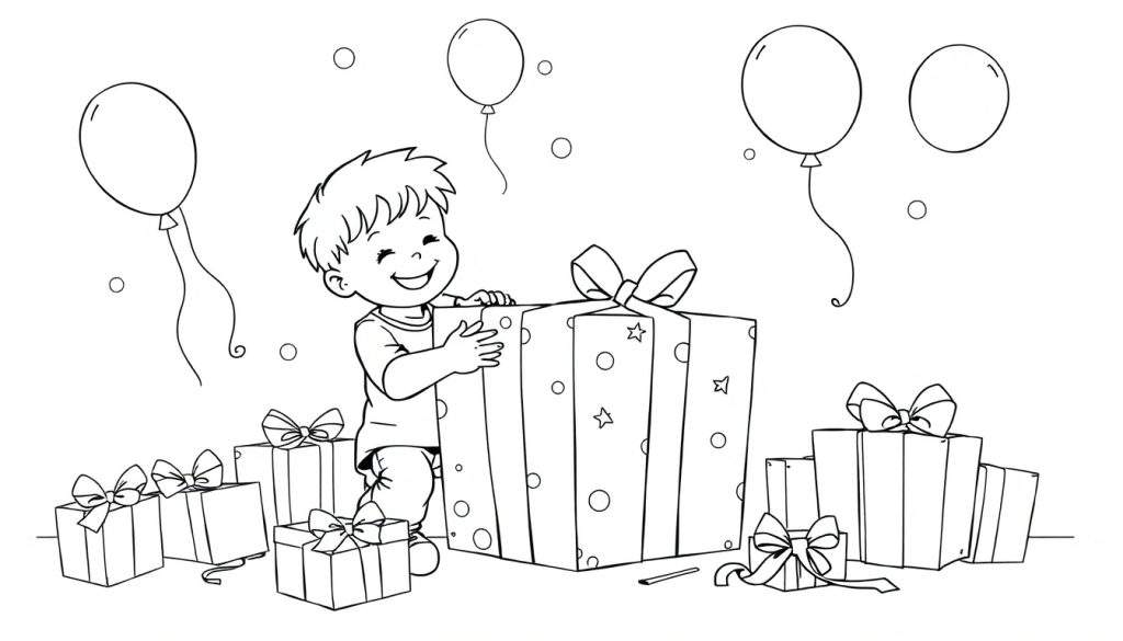 Une assiette colorée avec un enfant riant entouré de cadeaux et de ballons.