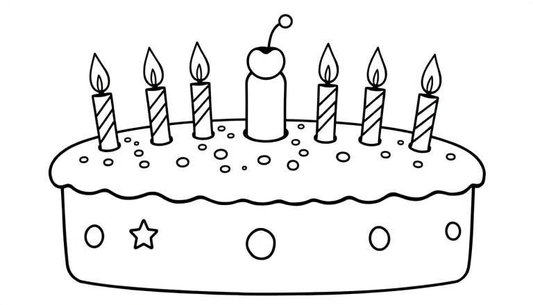 Une coloriage d'un gâteau d'anniversaire noir et blanc avec sept bougies allumées.