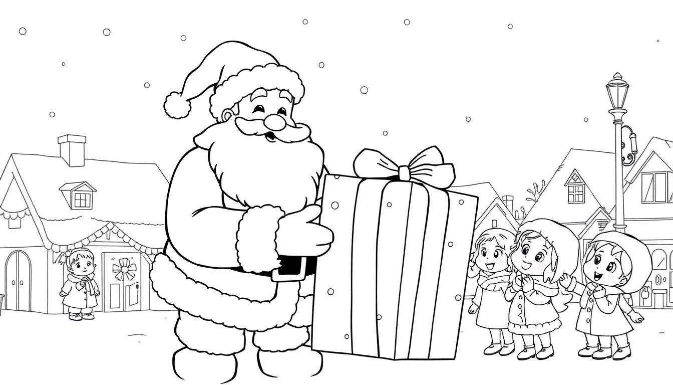 Une assiette de coloriage montrant le Père Noël distribuant un grand cadeau à des enfants joyeux dans une ville enneigée.