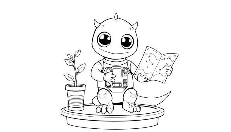 Extraterrestre amical tenant une carte et un appareil électronique, avec un pot de fleurs.